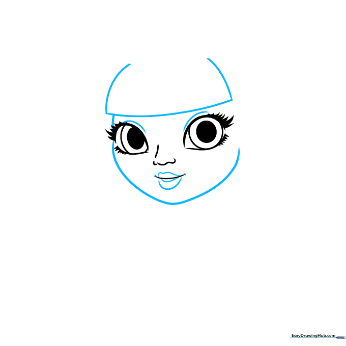 Sketch of the face outline and bangs framing the eyes.