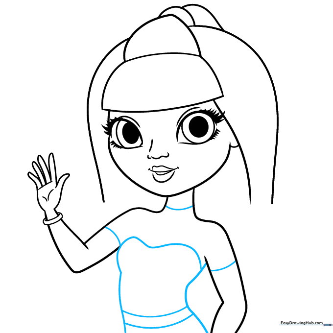 Sketch of the torso, crop top, and pants with clothing details.