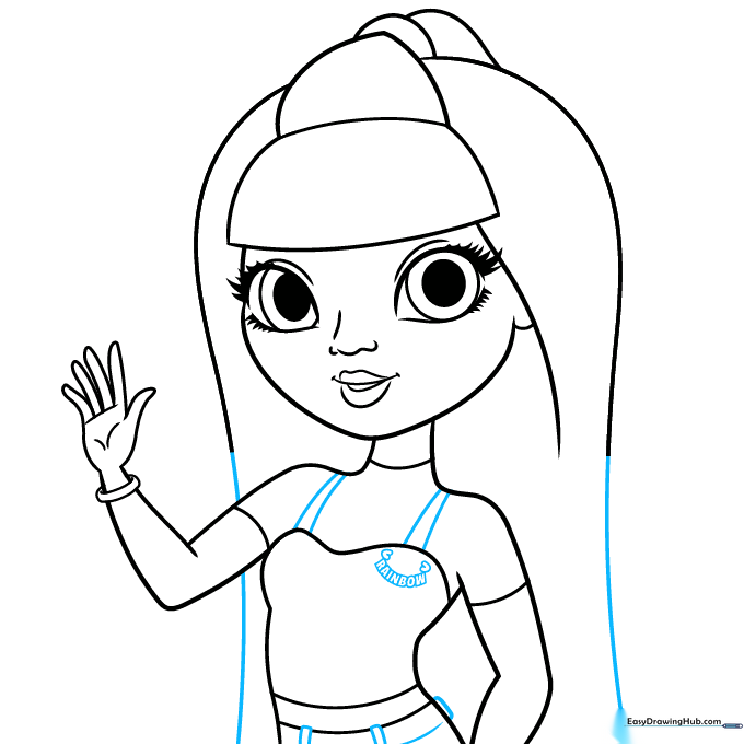 Adding clothing details like straps, belt loops, and the RAINBOW logo.
