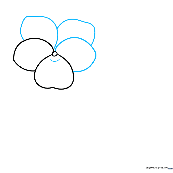 Drawing showing three additional overlapping petals added to the violet flower base with a small contour line.