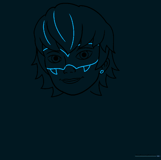 Pencil sketch showing the addition of the superhero mask and a small earring.