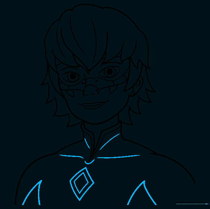 Pencil sketch showing the final costume details, including the chest emblem.