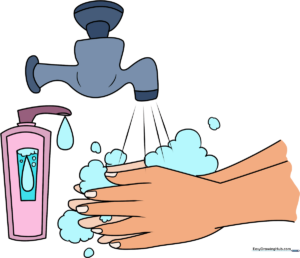 A colorful, cartoon-style illustration of hands being washed under a faucet with soap bubbles.