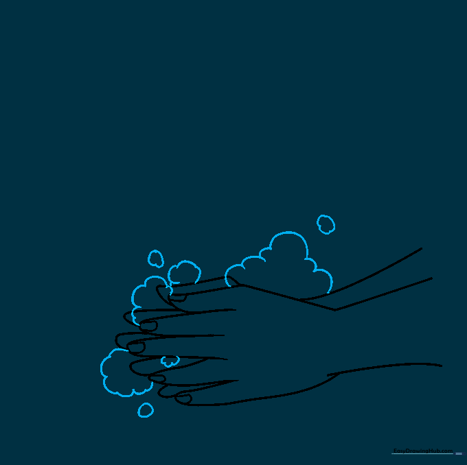 Hands surrounded by fluffy cloud shapes representing soap suds and small circles for bubbles.