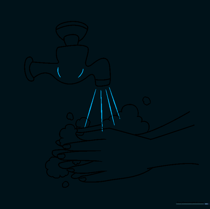 Water streams depicted as straight diagonal lines flowing from the faucet.