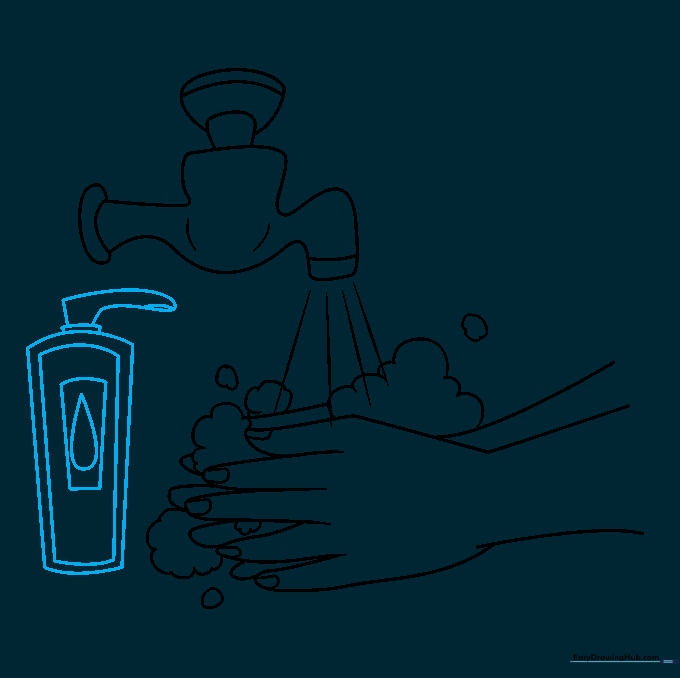 A soap bottle with a pump and label drawn next to the faucet.