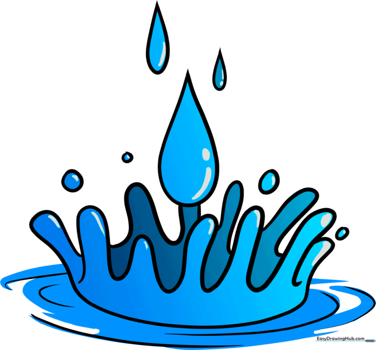 A vibrant, finished drawing of a water splash with multiple droplets and ripples.
