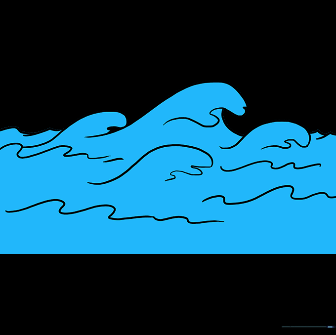 The completed, colored ocean wave drawing with blue gradients and white highlights.