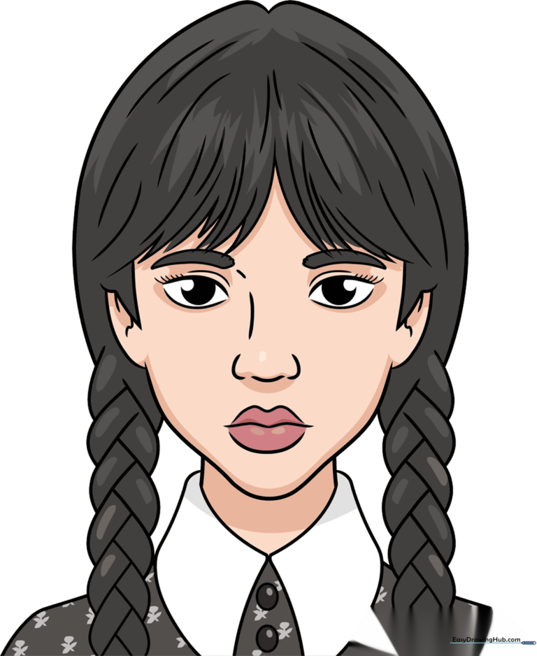 Finished illustration of Wednesday Addams, showcasing her braids and collar.