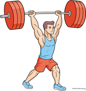Colorful illustration of a cartoon weightlifter lifting a barbell.