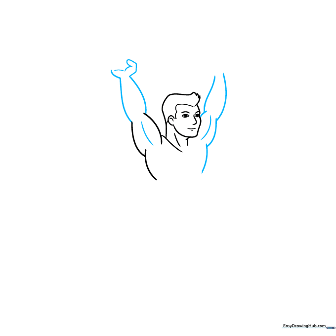 Drawing of a weightlifter's upper body showing muscular arm and chest definition.