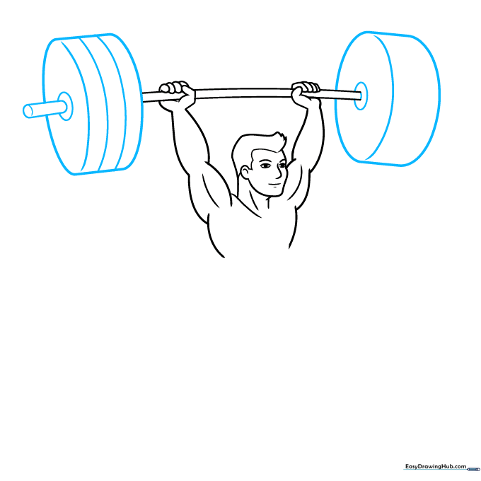 Weightlifter drawing showing the addition of large cylindrical weight plates on the barbell.