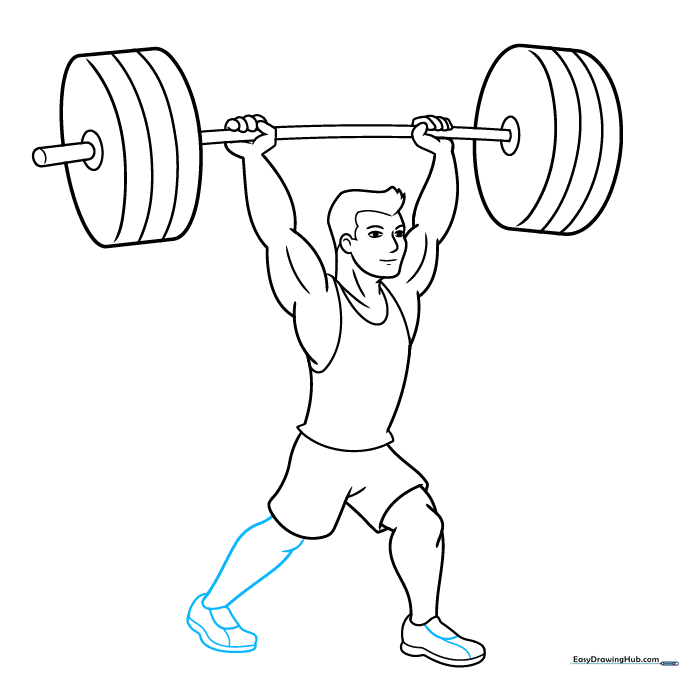 Drawing of the second leg and shoe to complete the weightlifter's full body pose.
