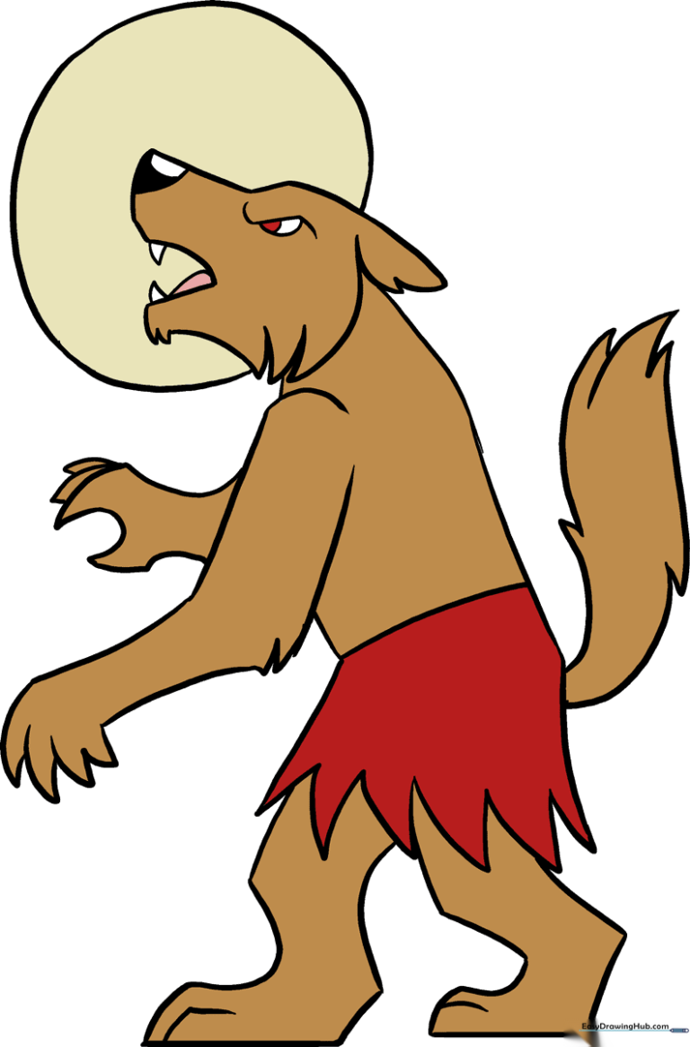 A completed, colored werewolf illustration standing in front of a full moon.