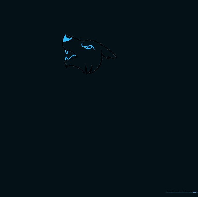 Close up of the werewolf face showing the eye, nose, and open mouth with sharp teeth.