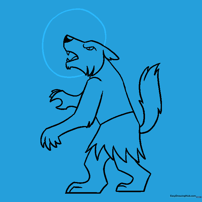 The finished werewolf outline with a full moon circle in the background.