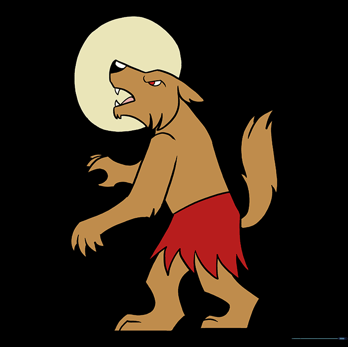A fully colored werewolf drawing with brown fur and a bright moon background.