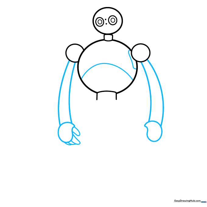 Drawing the arms and hands using teardrop and rounded shapes to define Roz's mechanical structure.