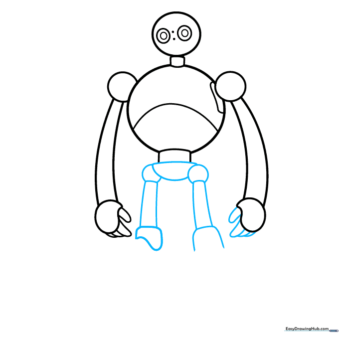 Adding the hip joints and legs to the robot's frame using rectangles and vertical lines.