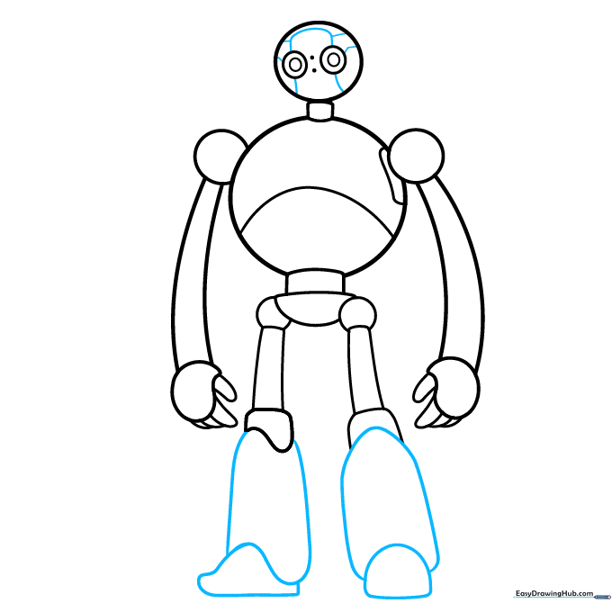Detailing the feet with semicircles and curved lines to represent mechanical plating.