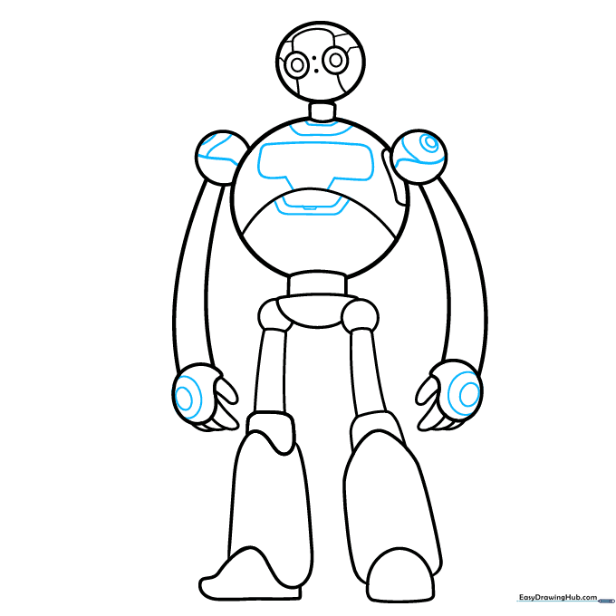 Adding internal mechanical details like shoulder joints and chest panels to the robot drawing.