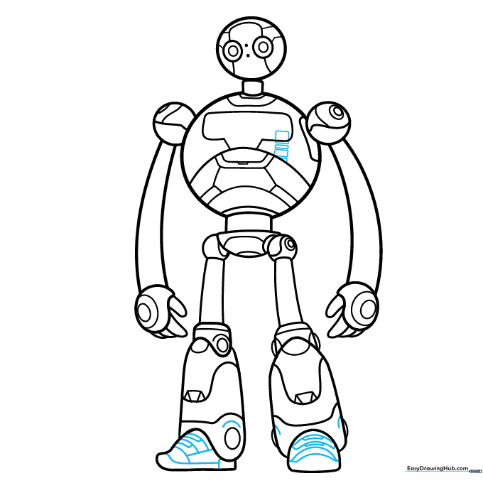 Adding final chest panels and foot details to complete the robot's design.