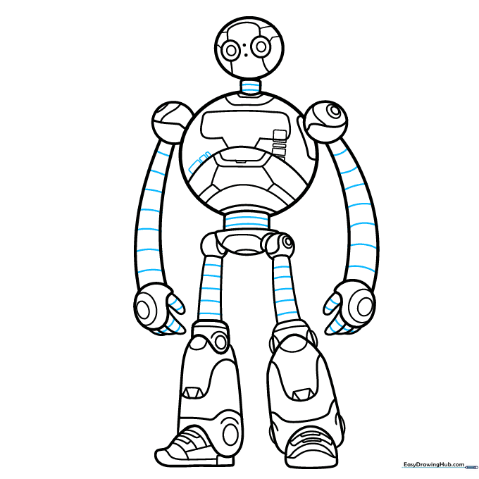 Adding final structural lines and chest rectangles to complete the robot's outline.