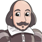 A finished, colored cartoon portrait of William Shakespeare, perfect for classroom or home art projects.
