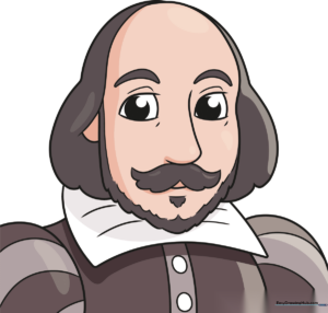 A finished, colored cartoon portrait of William Shakespeare, perfect for classroom or home art projects.