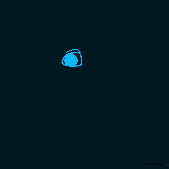 Close-up sketch of a single cartoon eye with a rounded triangular outline and a dark pupil.