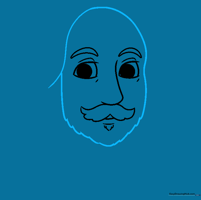 The face outline including the jaw, ear, and facial hair base.