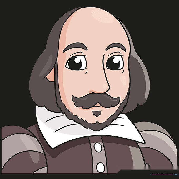 The completed and colored cartoon illustration of William Shakespeare.
