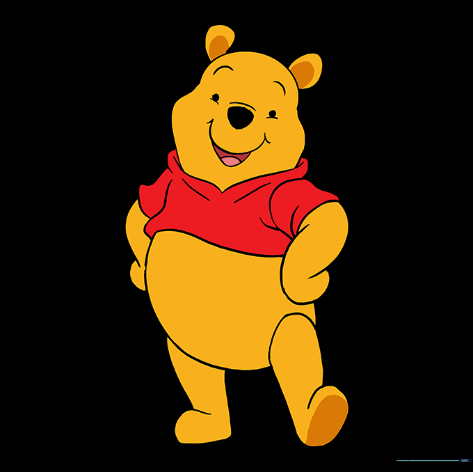 The finished Winnie the Pooh drawing fully colored in yellow and red.