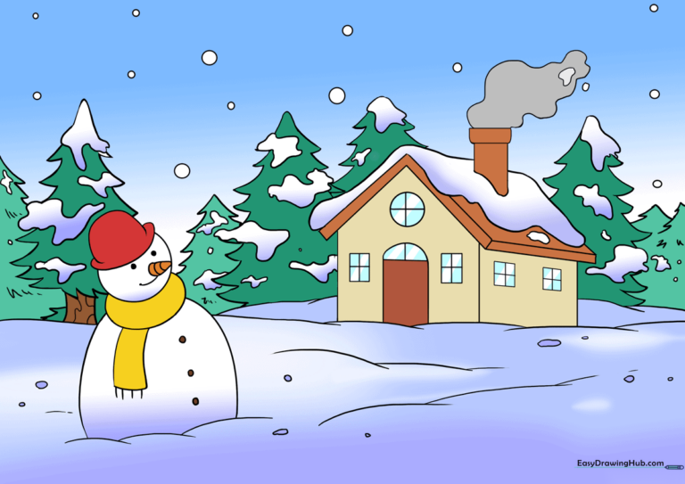 A colorful, finished winter scene featuring a house, snowman, and snowy trees.