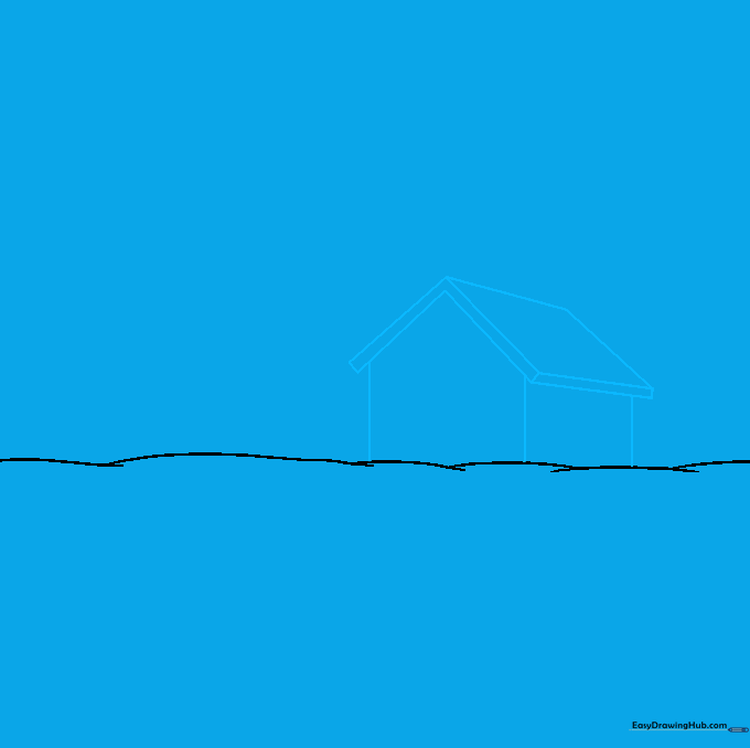 Line drawing showing the basic rectangular structure of a house with a roof.