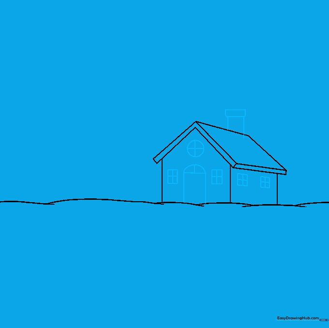 Detailed house drawing with a chimney, arched door, and paned windows.