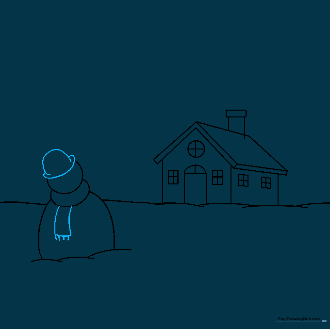 Snowman wearing a top hat and a scarf with fringe details.