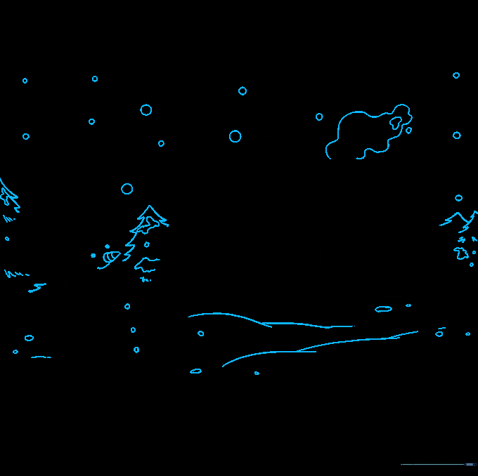 Completed line drawing with snowman facial features, chimney smoke, and falling snowflakes.