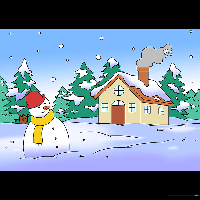 Finished, colored winter landscape drawing.