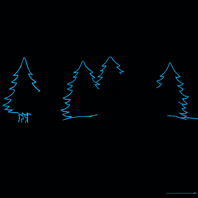 Pine trees drawn with jagged lines to represent evergreen branches.