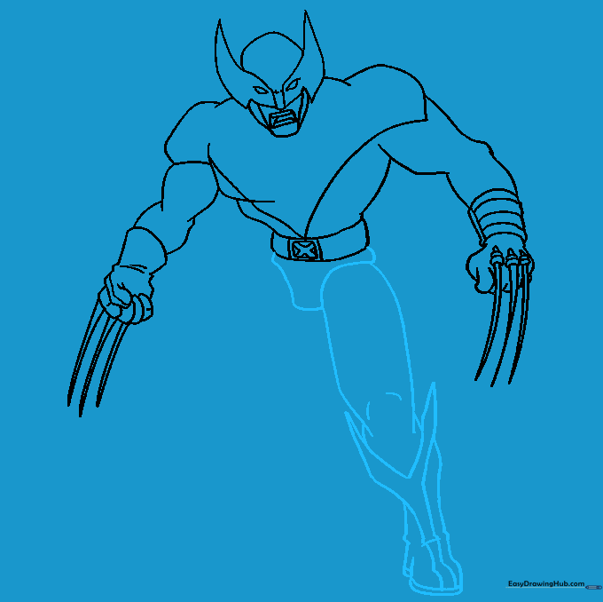 Outlining the legs and boot tops of the Wolverine character.