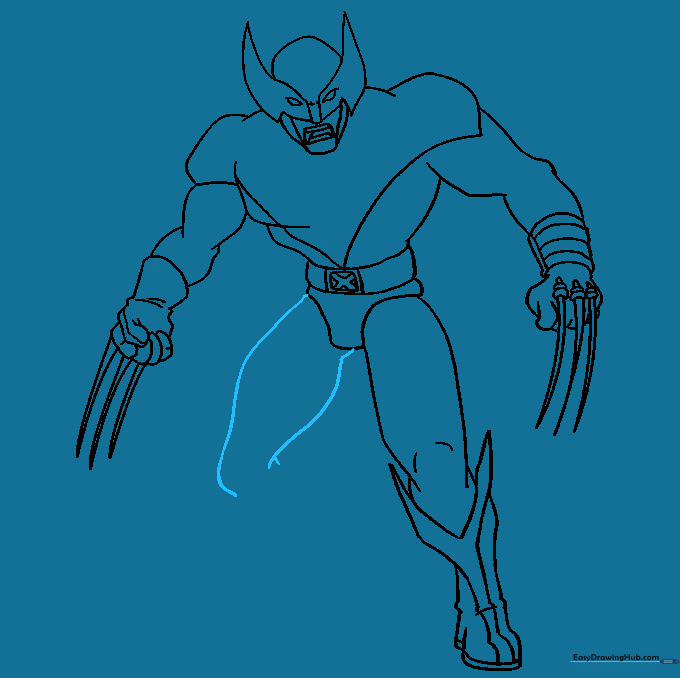 Adding the final leg outline to the Wolverine sketch.