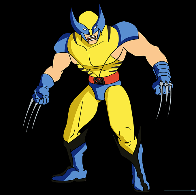 Completed Wolverine drawing colored in classic yellow and blue suit.