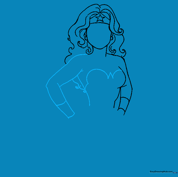 Adding the second arm, chest emblem, and hair details to the Wonder Woman sketch.