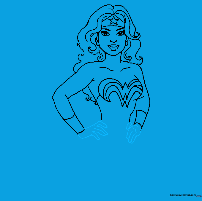 Drawing hands resting on hips to give Wonder Woman a heroic pose.