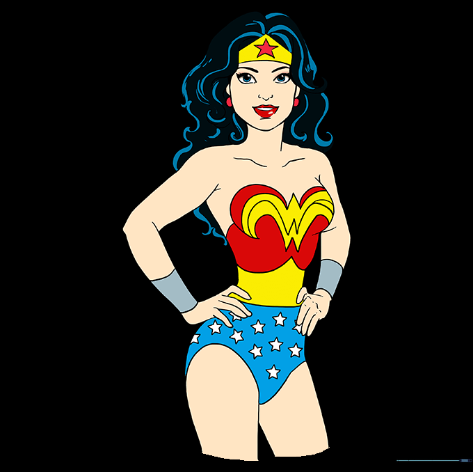 Final colored illustration of Wonder Woman in her classic red, blue, and yellow costume.