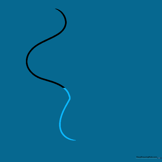 The drawing progresses with a long curved line extending down from the head to define the neck and torso.