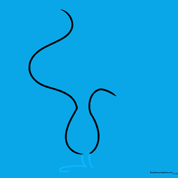 Step-by-step illustration of drawing Woodstock's first leg and foot extending from the torso.