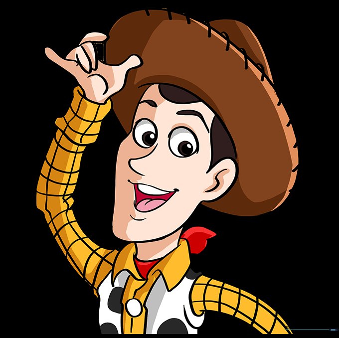 The final colored drawing of Woody from Toy Story, showing his iconic cowboy outfit.