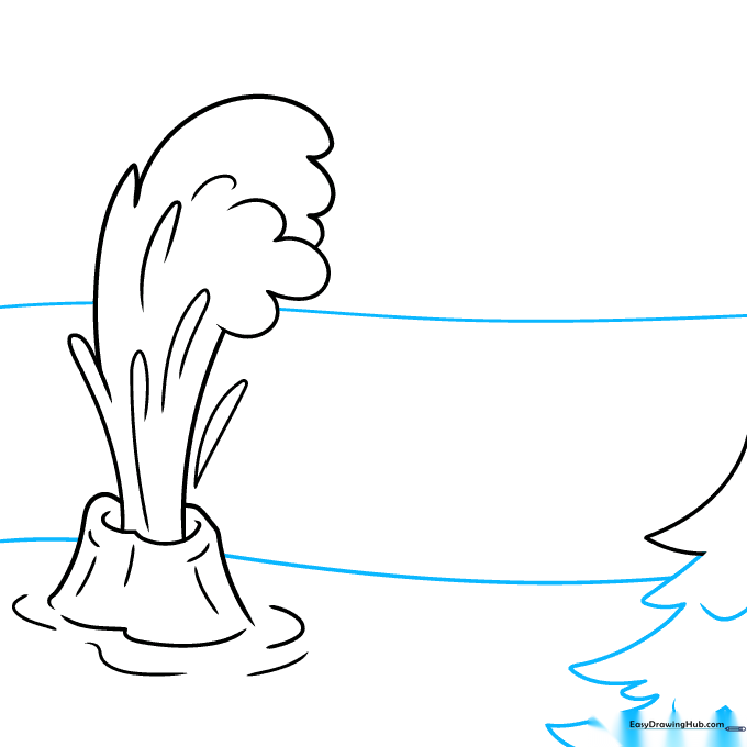 Drawing pine tree branches with V-shapes and defining the horizon line.